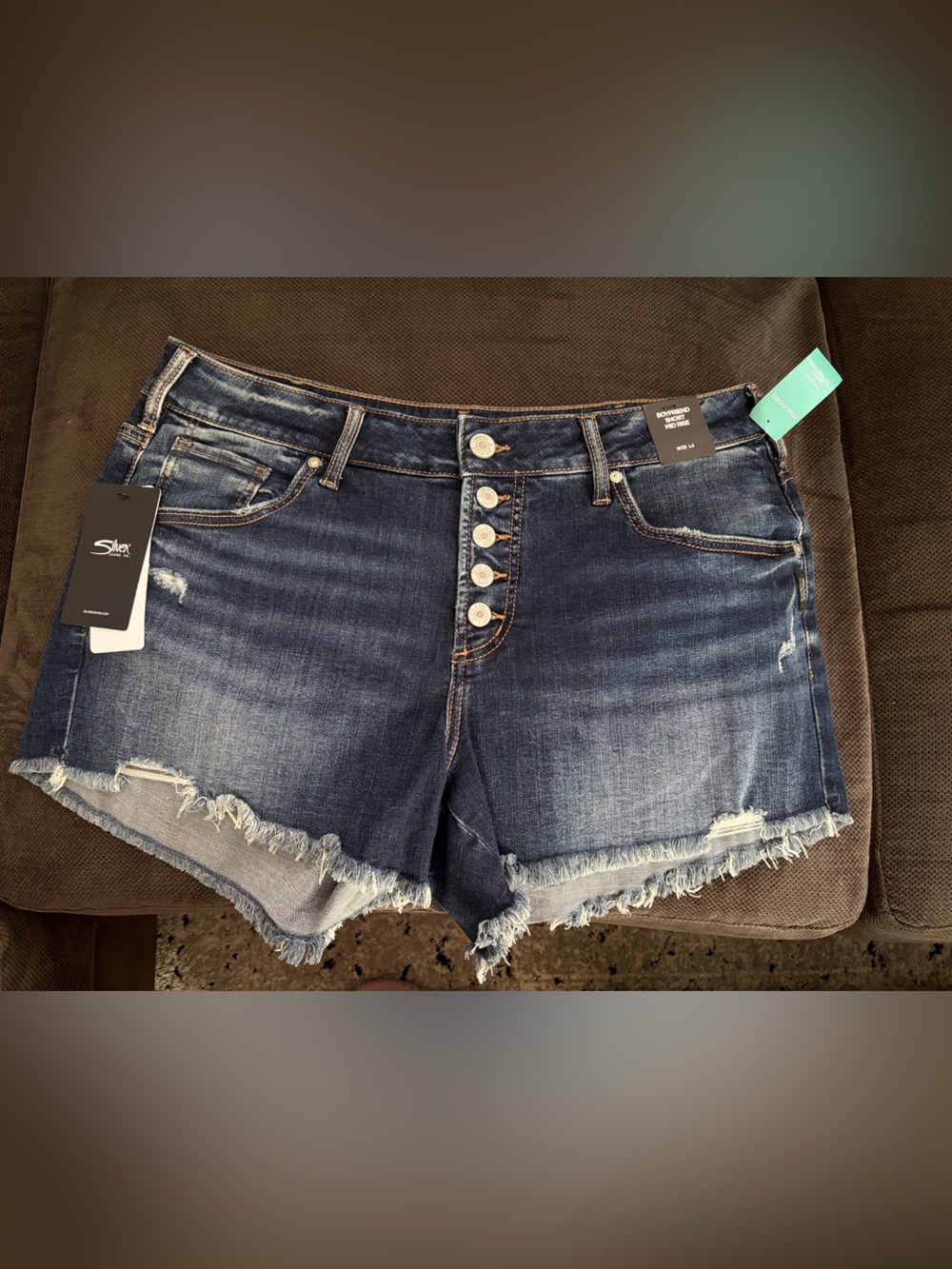Silver Jeans Dark Blue Distressed Button-Front Denim Shorts